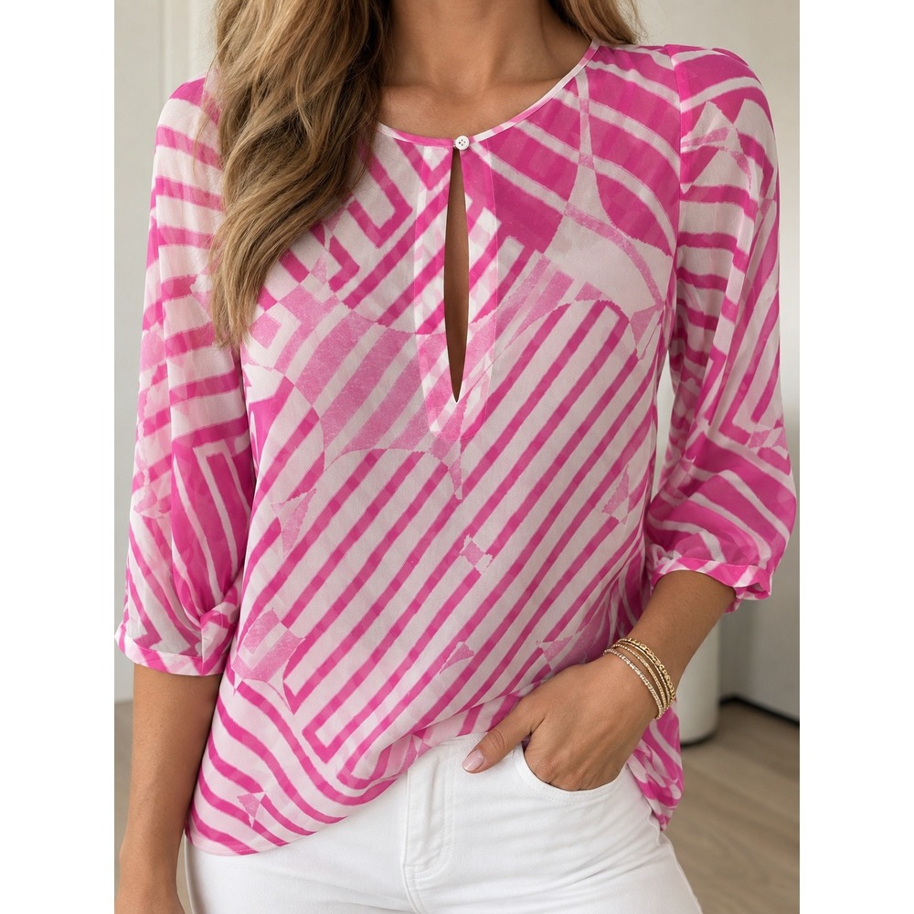 Theory 100% Silk Pink White Geometric Print Blouse Top Size P Statement
